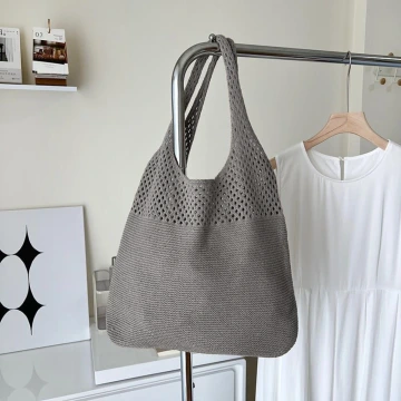 素色拼接鏤空針織×肩背包×灰色