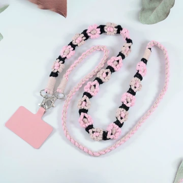 粉黑花朵辮子雙拼&times;手機斜背雙勾掛繩