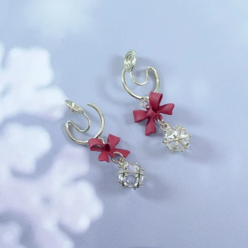 紅領結C字輕奢晶鑽球×蚊香盤U型耳夾×紅色