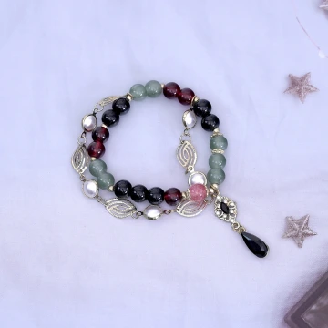 雙層暗黑柳葉黑水滴&times;固定式串珠手鍊