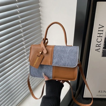 牛仔單寧皮革撞色&times;斜背包&times;棕咖