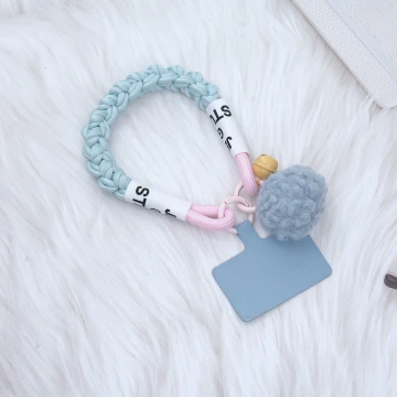 毛球鈴鐺&times;手機腕帶掛繩&times;藍色