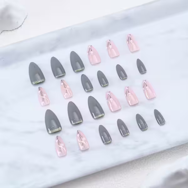 灰底金蔥白花亮面×穿戴式手指甲片×二十四入