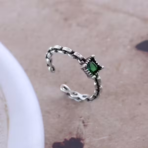 925銀飾×方型綠鑽鍊條×開口戒指