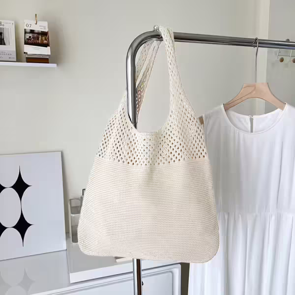 素色拼接鏤空針織×肩背包×米白