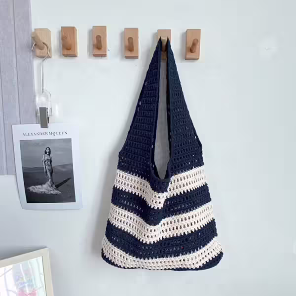條紋拼接鏤空針織×肩背包×深藍