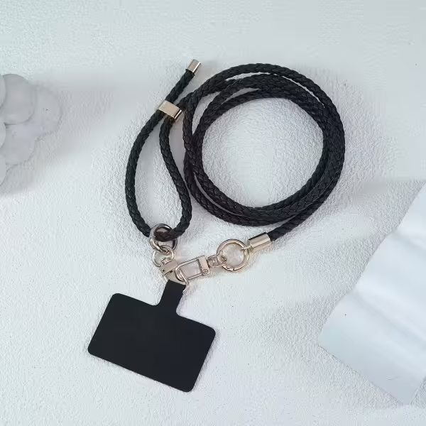 皮革編織×長度可調×手機斜背雙勾掛繩×黑色