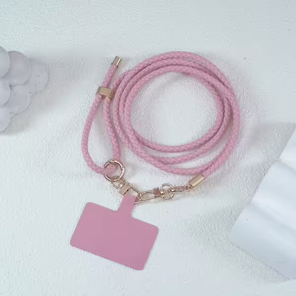 皮革編織×長度可調×手機斜背雙勾掛繩×粉紅