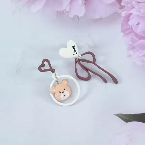 LOVE小熊蝴蝶結×不對稱吊墜耳環