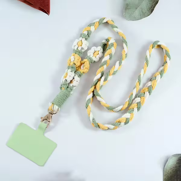 粗麻辮小花朵×手機單勾掛脖吊繩×黃綠