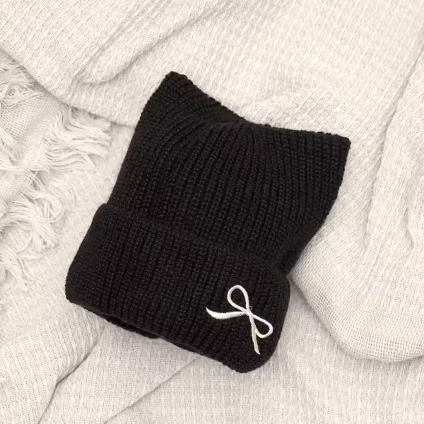 平頭俏貓耳蝴蝶結&times;毛帽&times;黑色