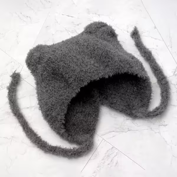 羔毛繫繩小耳朵&times;毛帽&times;灰色