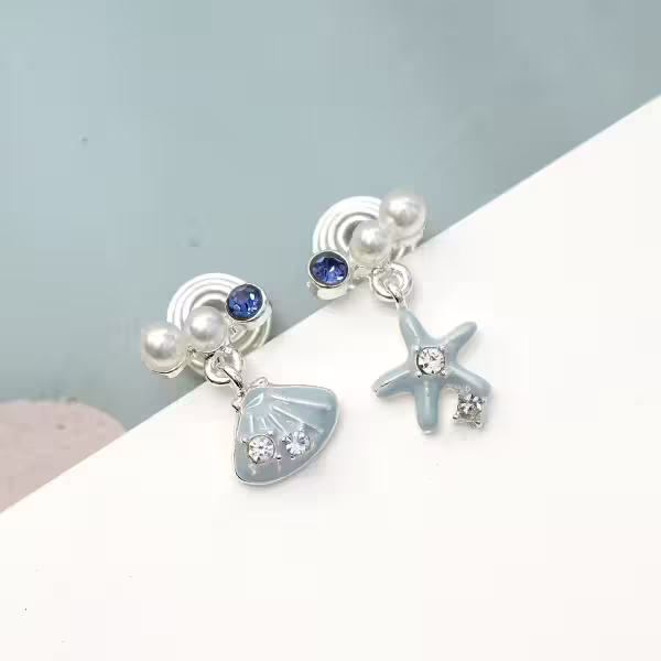 水藍海星貝殼&times;不對稱蚊香盤U型耳夾