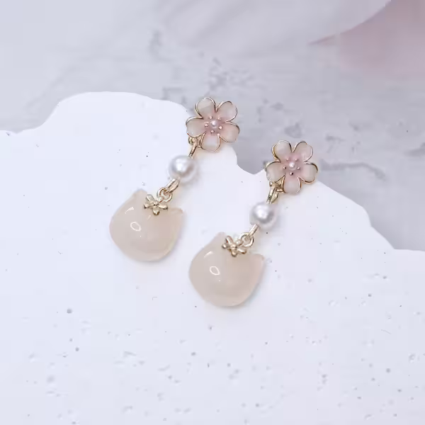 粉櫻貓咪×吊墜耳環
