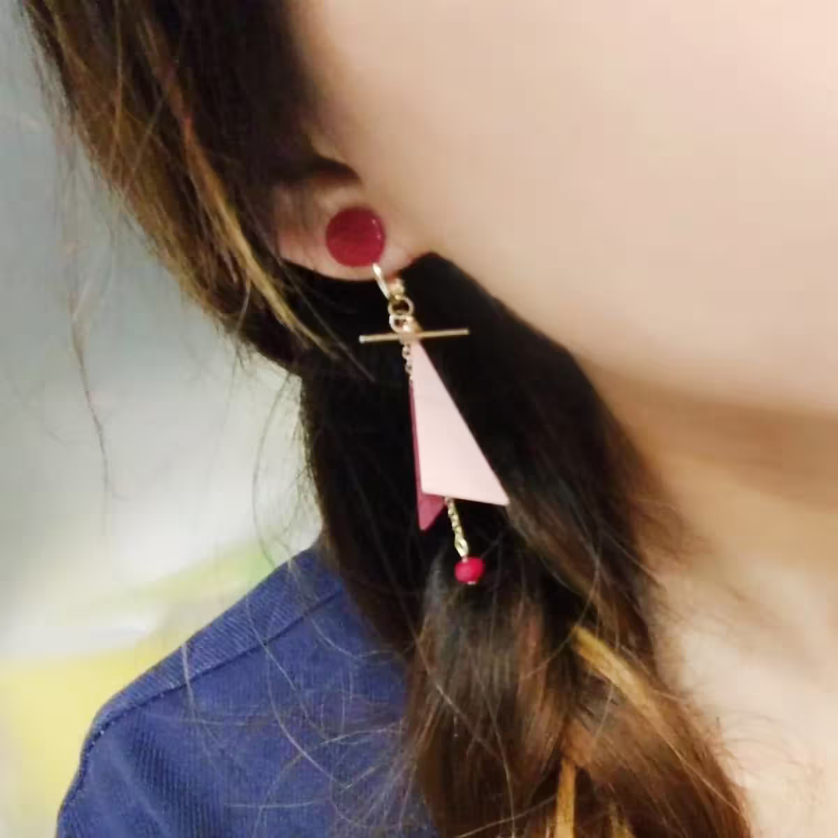 多層撞色三角幾何×三角耳夾×嫣紅-第5張