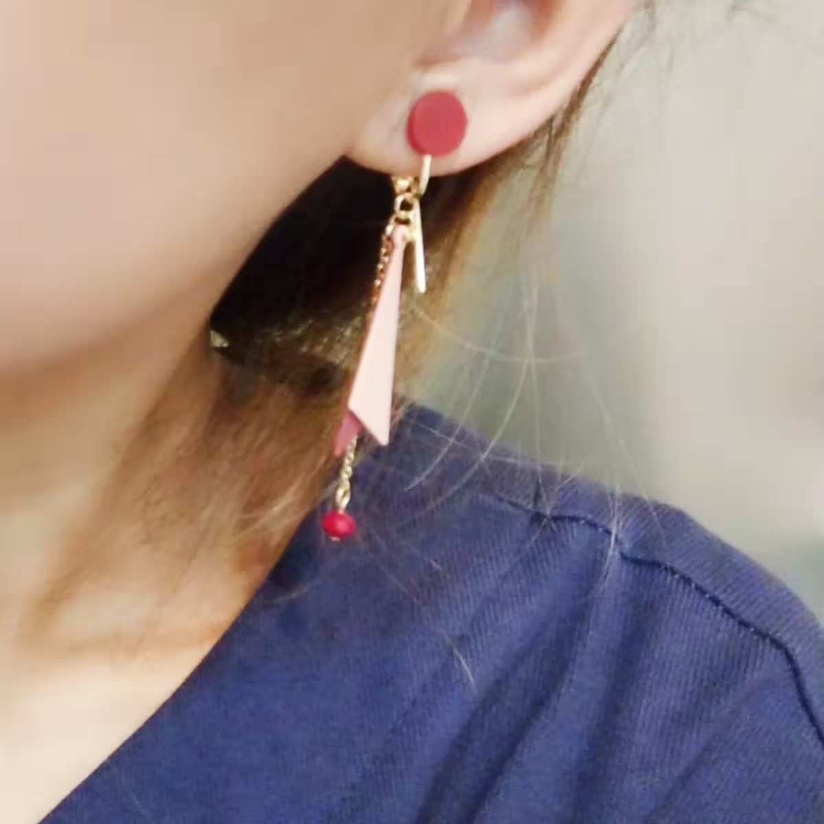 多層撞色三角幾何×三角耳夾×嫣紅-第6張