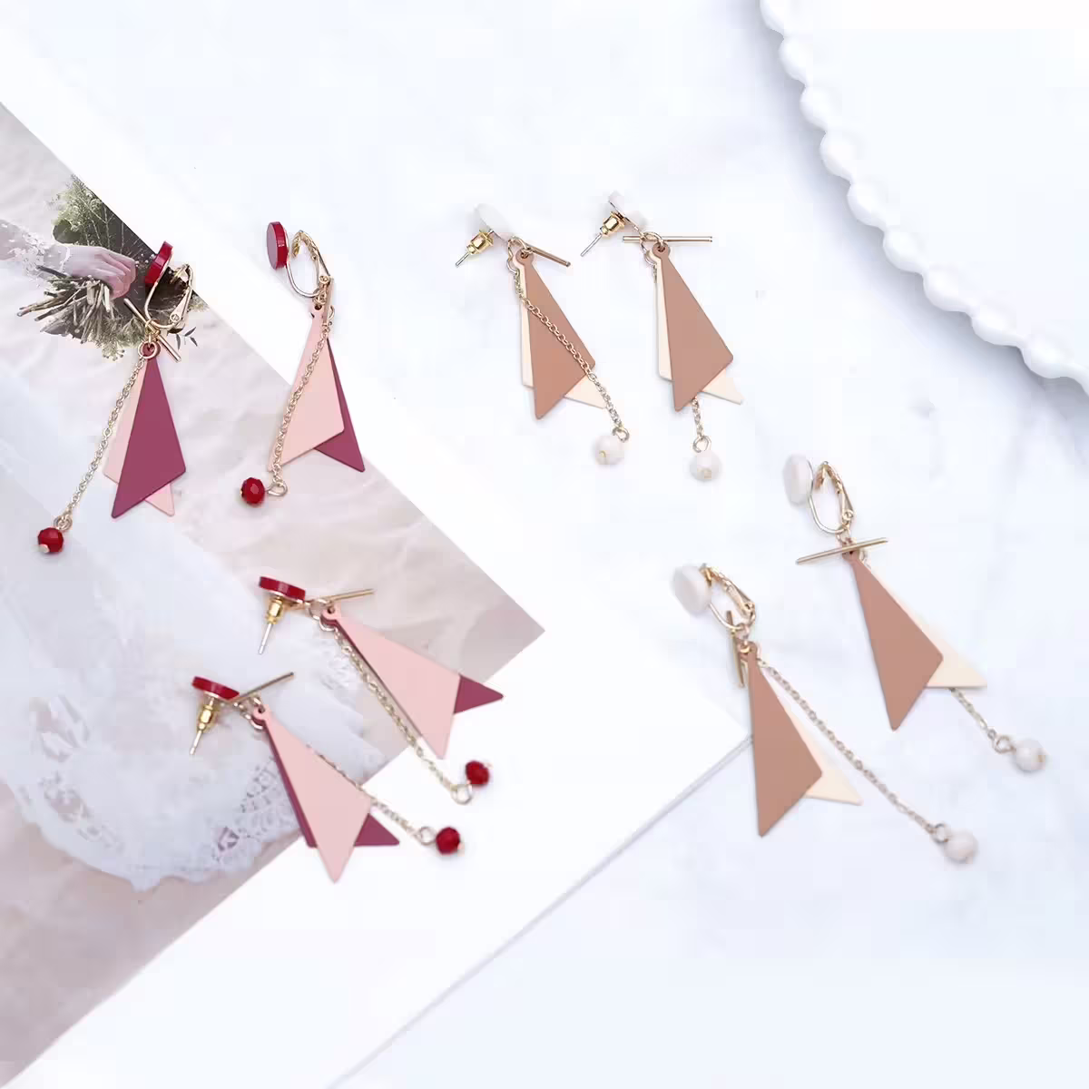 多層撞色三角幾何×三角耳夾×嫣紅-第4張
