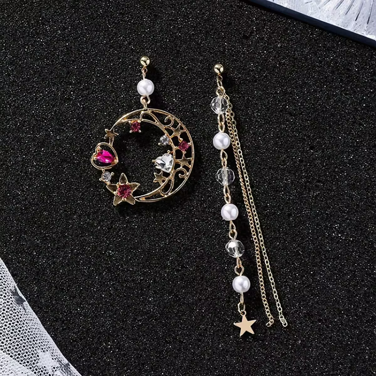 桃晶星心珍珠流蘇×不對稱吊墜耳環-第3張