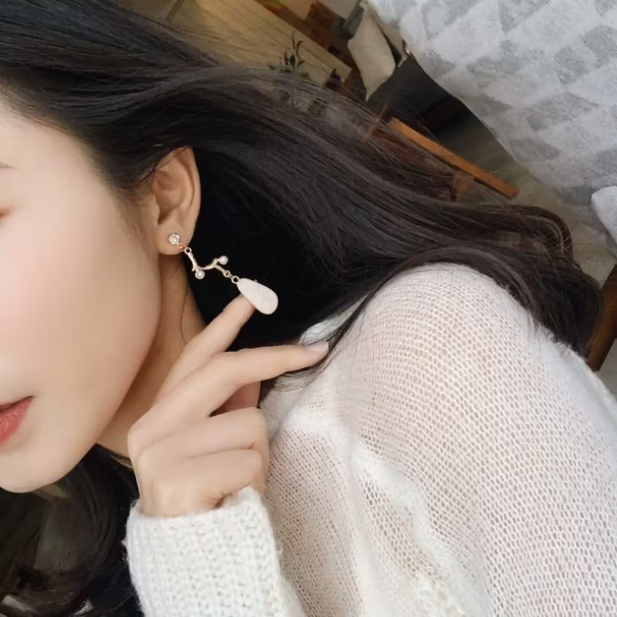 樹枝珍珠乳白水滴×不規則螺旋耳夾-第5張