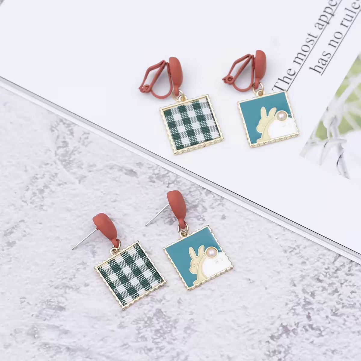 紅心兔子綠格紋×不對稱吊墜耳環-第5張