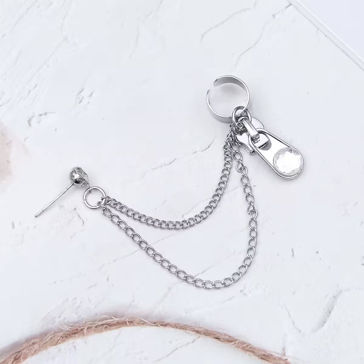 個性拉鍊水晶鑽&times;單邊耳骨吊墜耳環-第1張