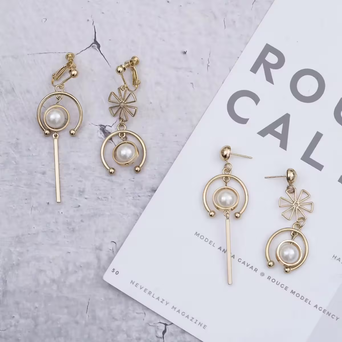 大U環小花珍珠×不對稱螺旋耳夾-第5張