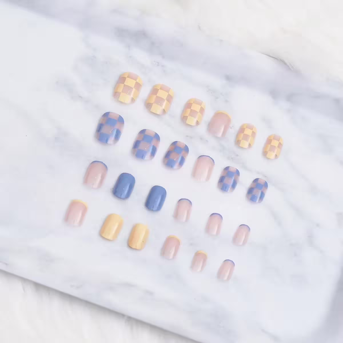 粉藍黃糖果格子亮面×穿戴式手指甲片×二十四入 -第1張
