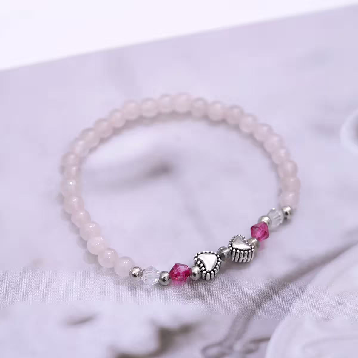 細串粉水晶愛心×固定式串珠手鍊-第1張