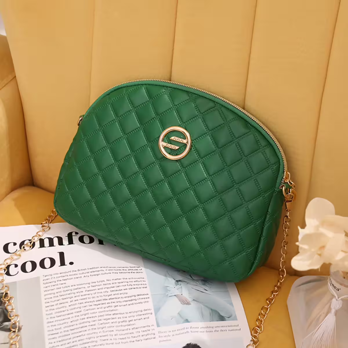 貝殼菱格紋&times;鍊條斜背包&times;綠色-第2張