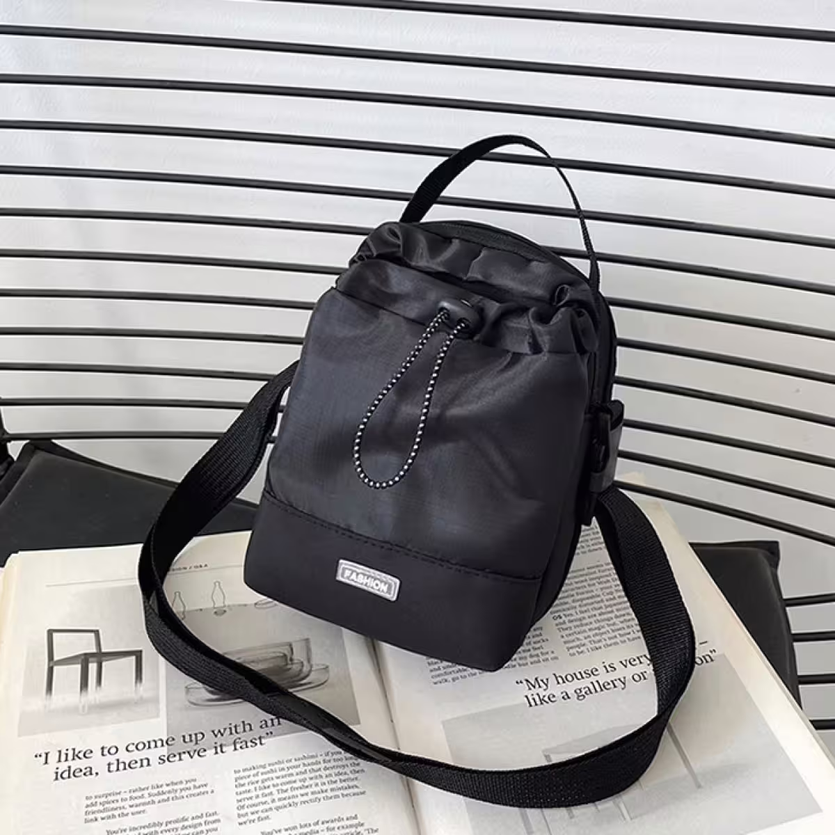 尼龍抽繩水桶包×斜背包×黑色-第1張