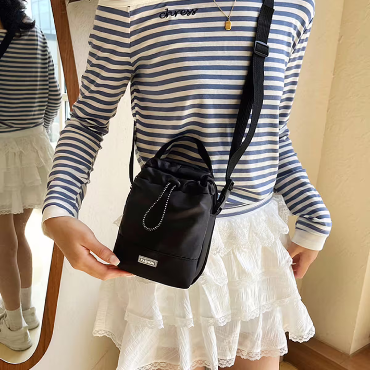 尼龍抽繩水桶包×斜背包×黑色-第3張