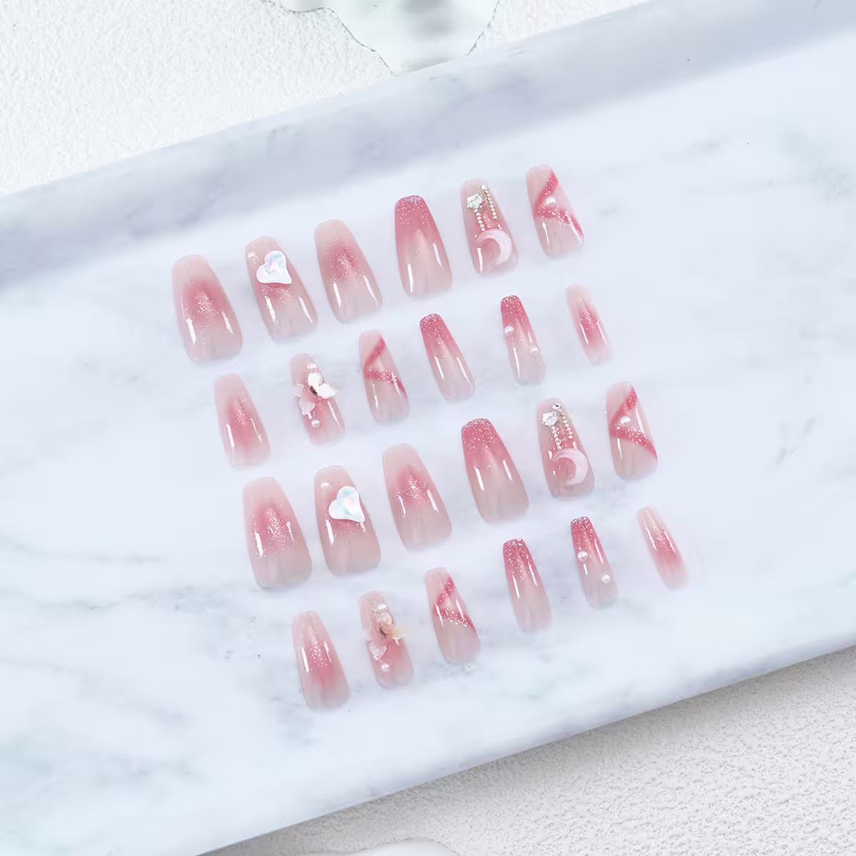 閃粉愛心月蝶亮面×穿戴式手指甲片×二十四入-第1張