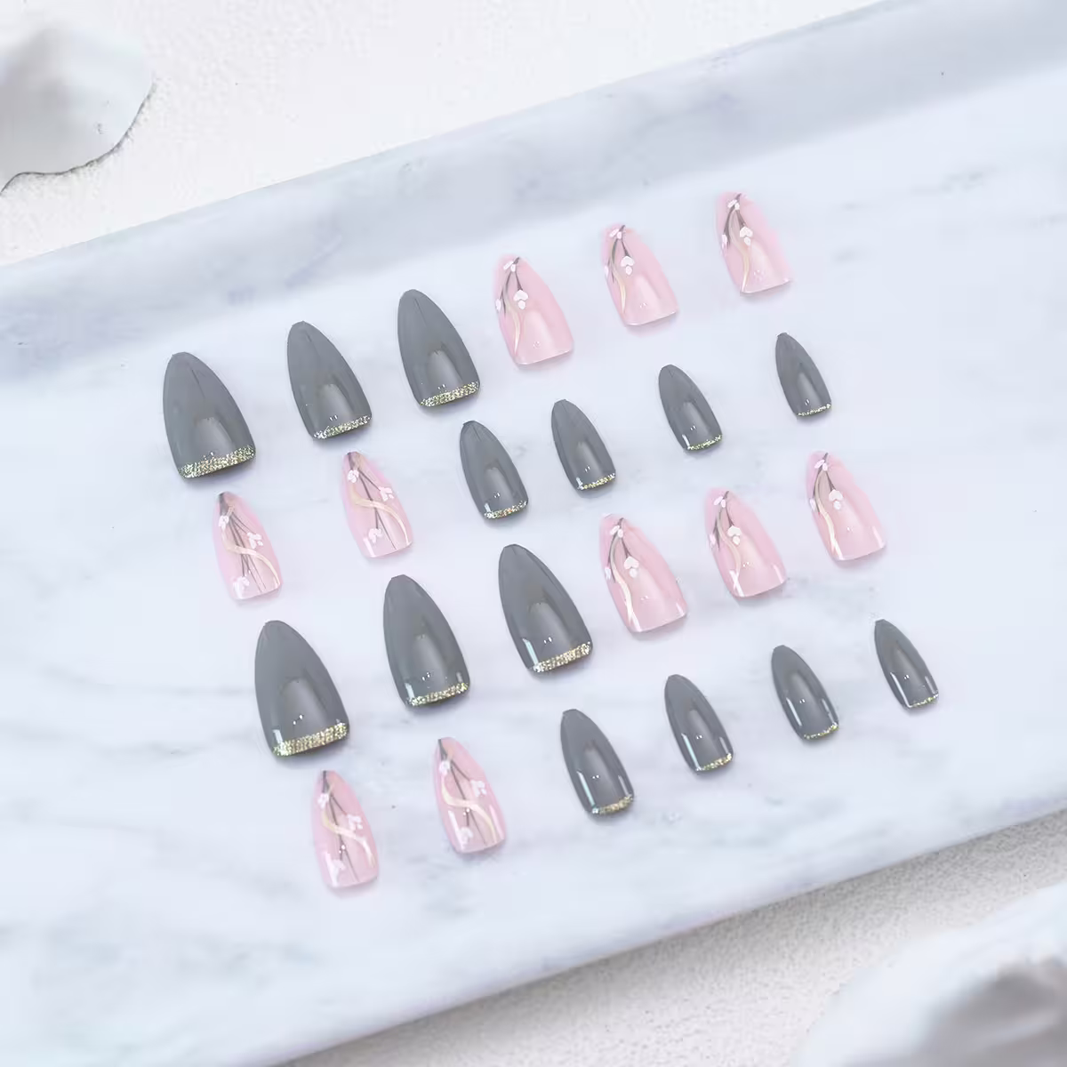 灰底金蔥白花亮面×穿戴式手指甲片×二十四入-第1張