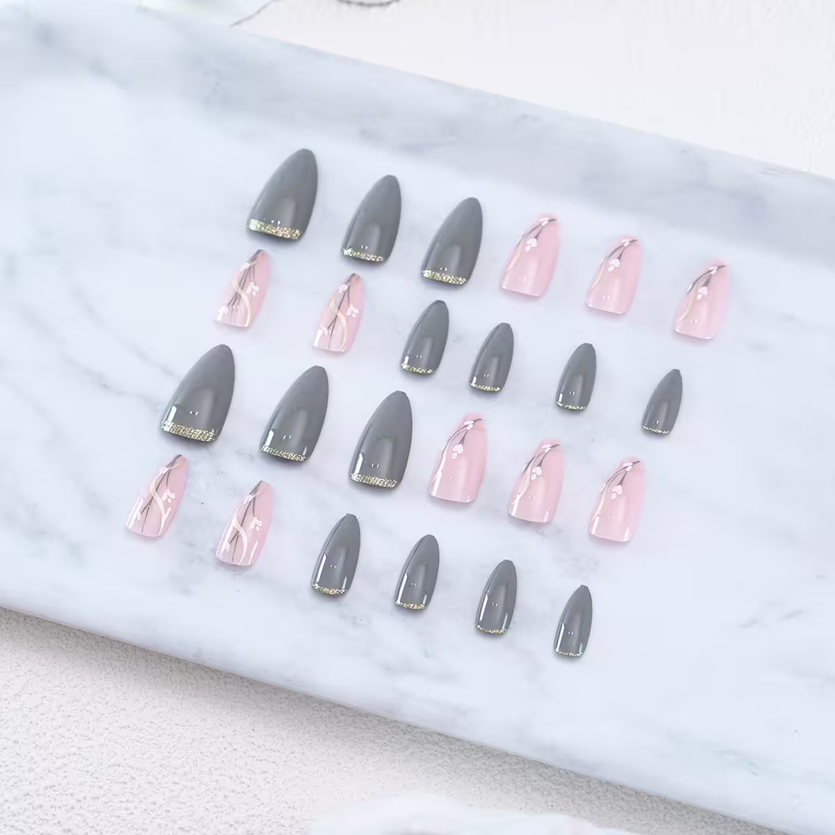 灰底金蔥白花亮面×穿戴式手指甲片×二十四入-第2張