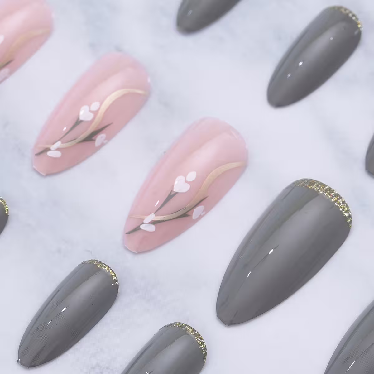 灰底金蔥白花亮面×穿戴式手指甲片×二十四入-第4張