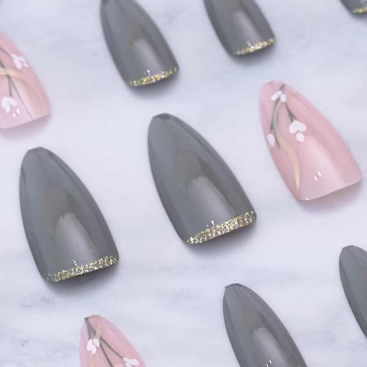 灰底金蔥白花亮面×穿戴式手指甲片×二十四入-第5張