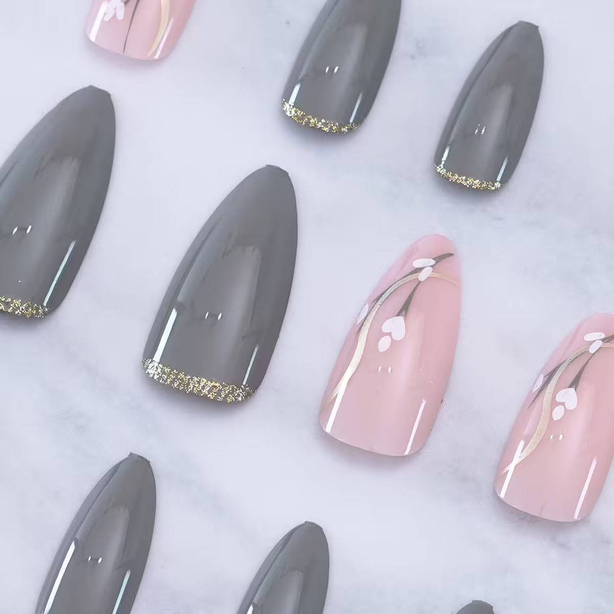 灰底金蔥白花亮面×穿戴式手指甲片×二十四入-第6張