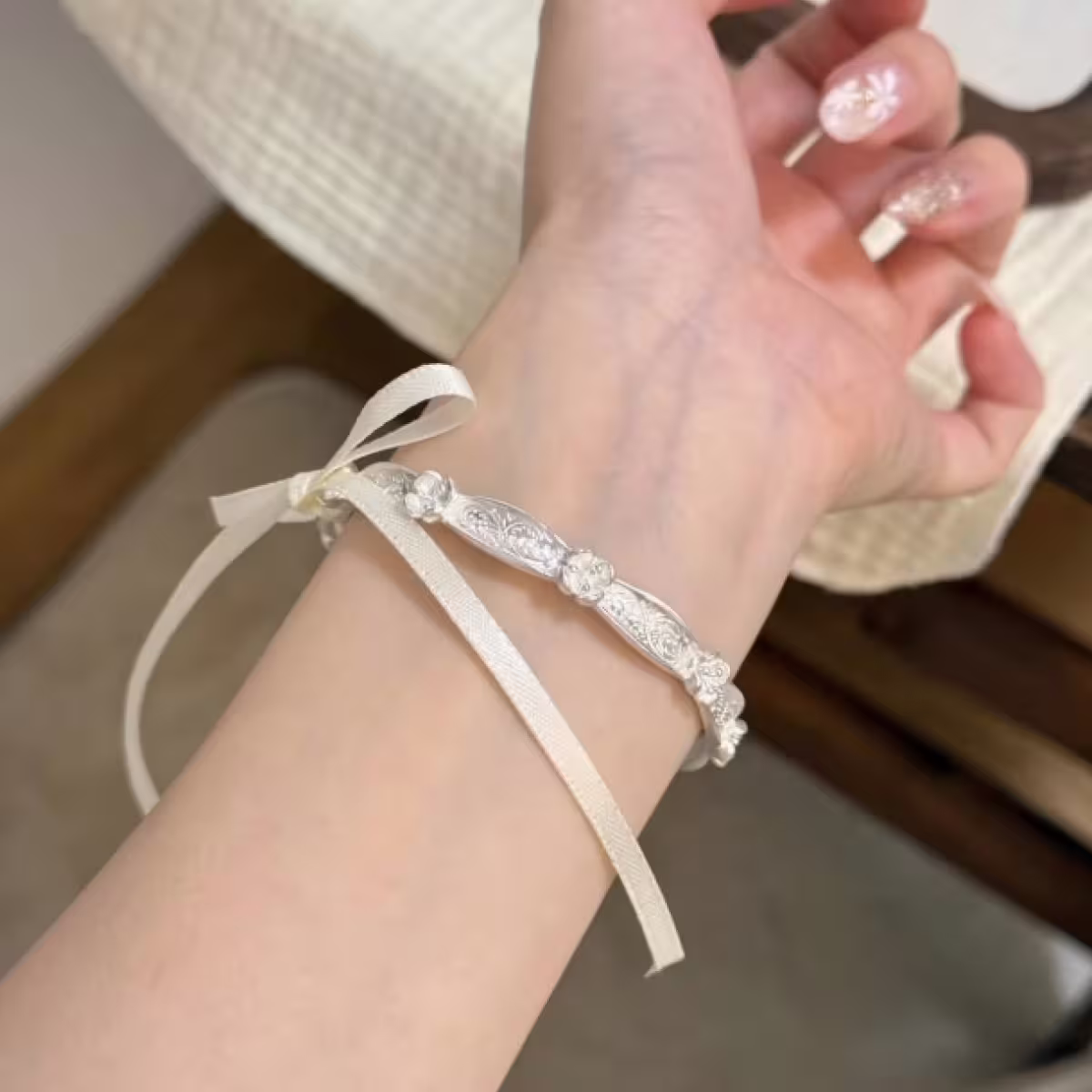 花朵蝴蝶結緞帶×開口手環-第6張