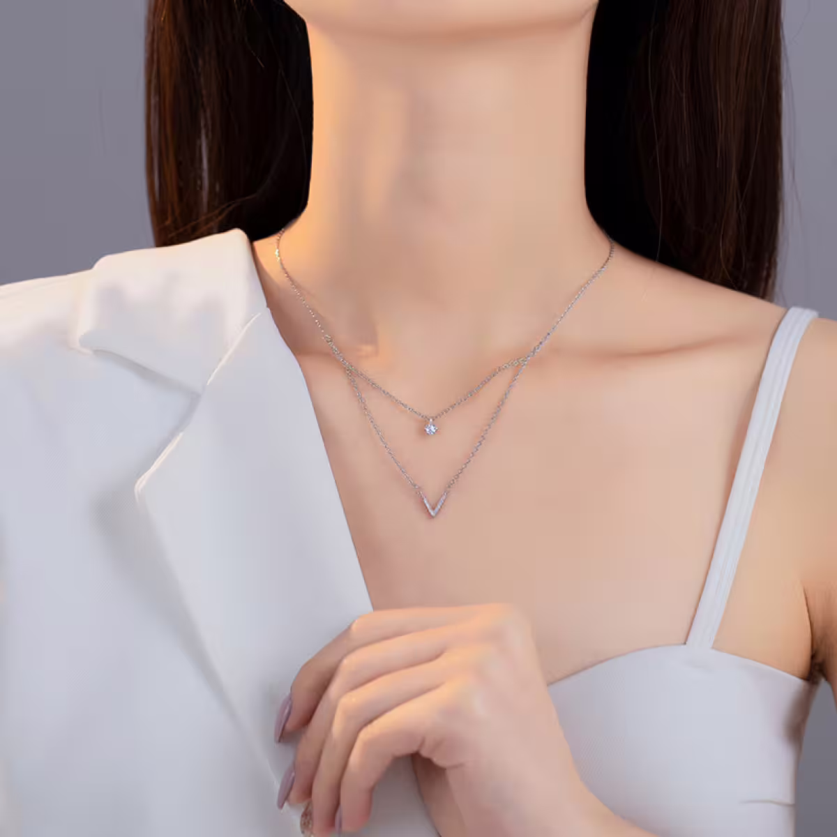 925銀飾×疊加V字單鑽×鎖骨項鍊-第5張