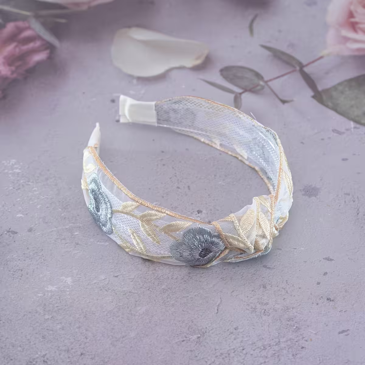 扭結鵝黃藍花刺繡×髮箍-第2張