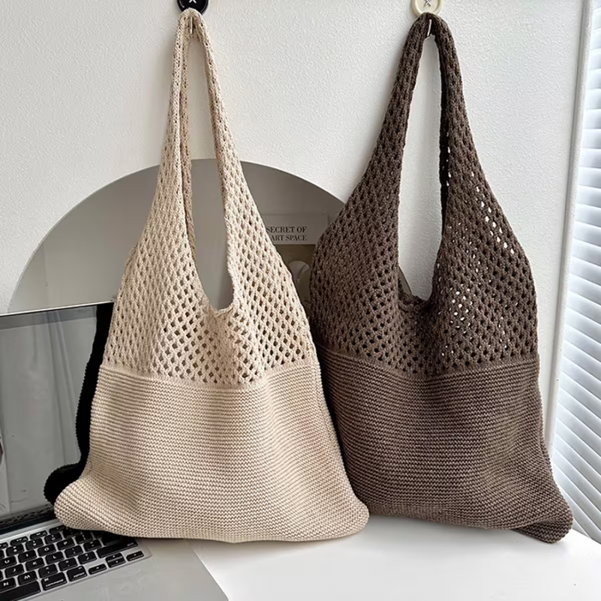 素色拼接鏤空針織×肩背包×灰色-第6張