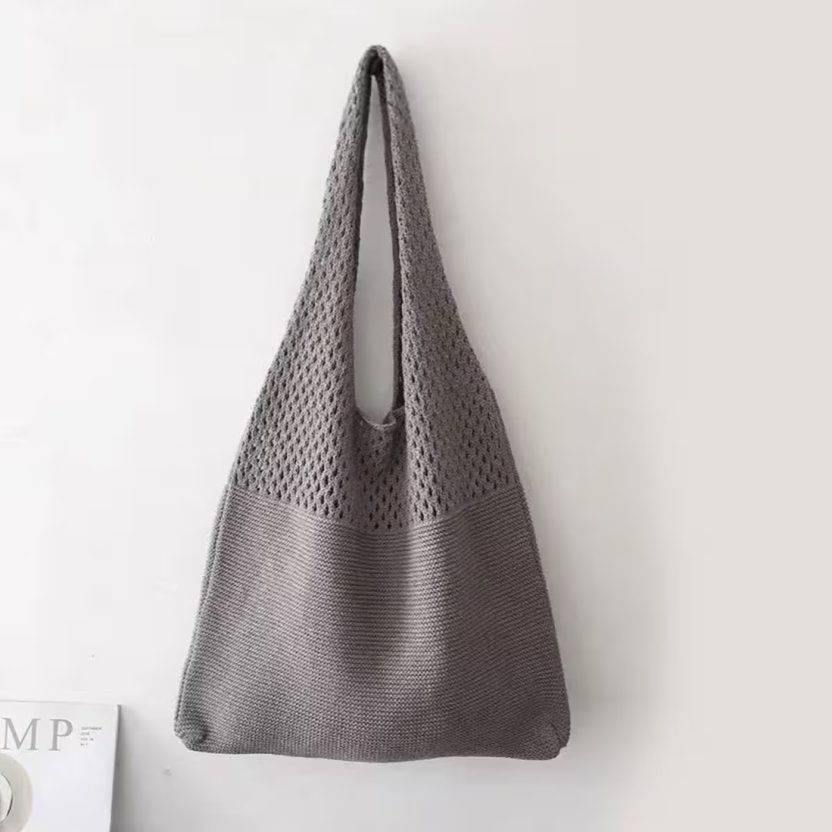 素色拼接鏤空針織×肩背包×灰色-第2張