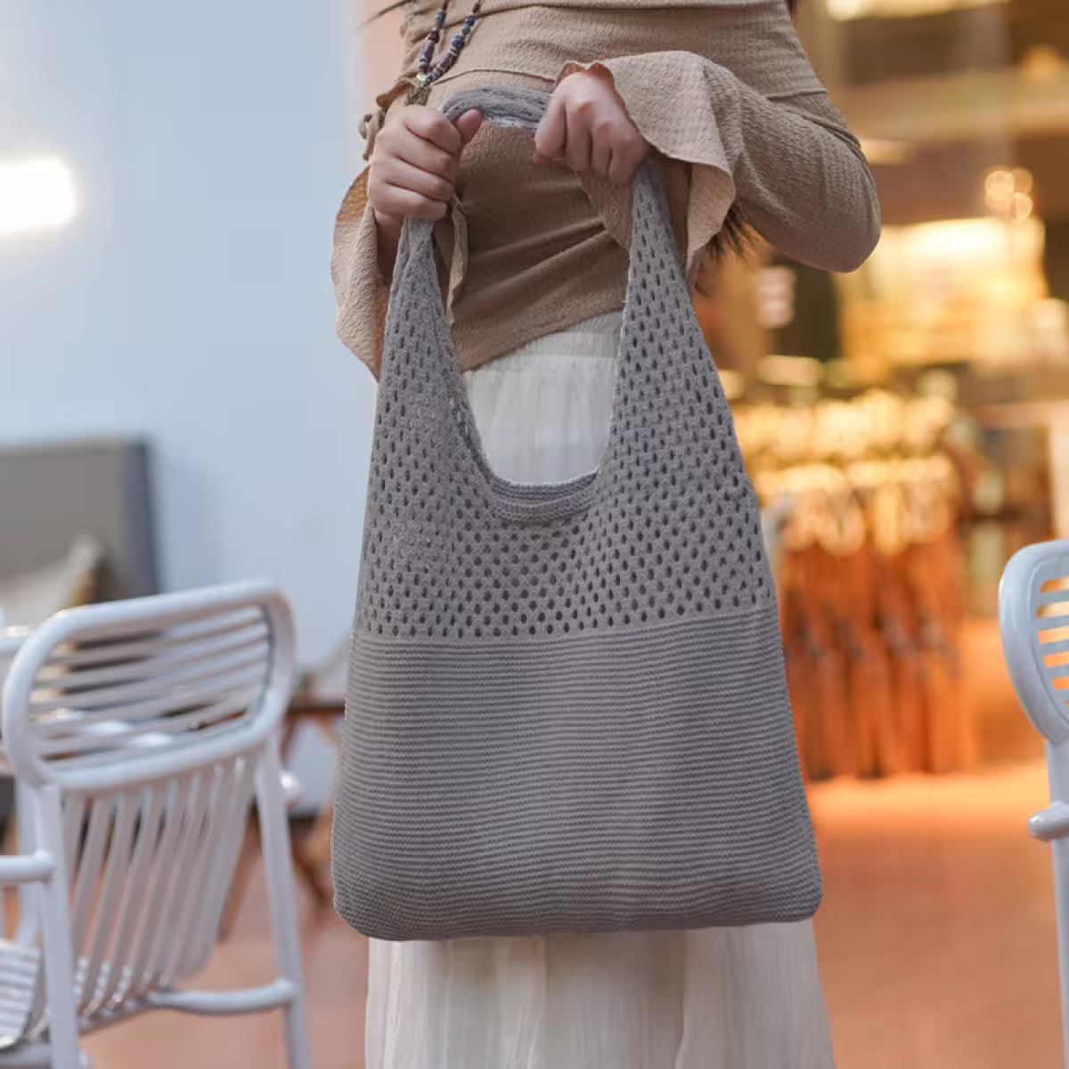 素色拼接鏤空針織×肩背包×灰色-第4張