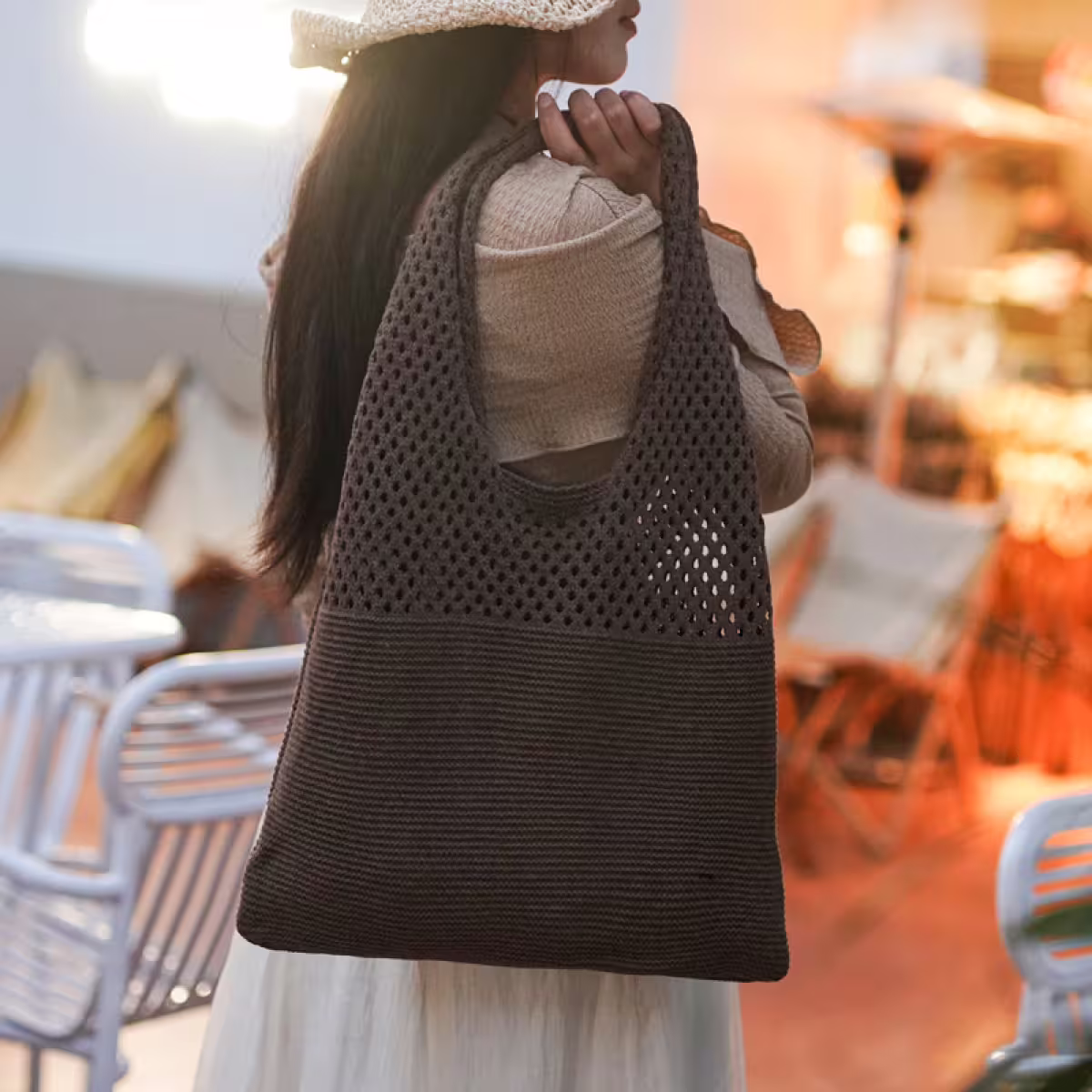 素色拼接鏤空針織×肩背包×棕咖-第4張