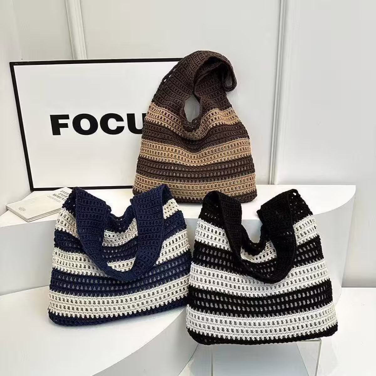 條紋拼接鏤空針織×肩背包×黑色-第7張