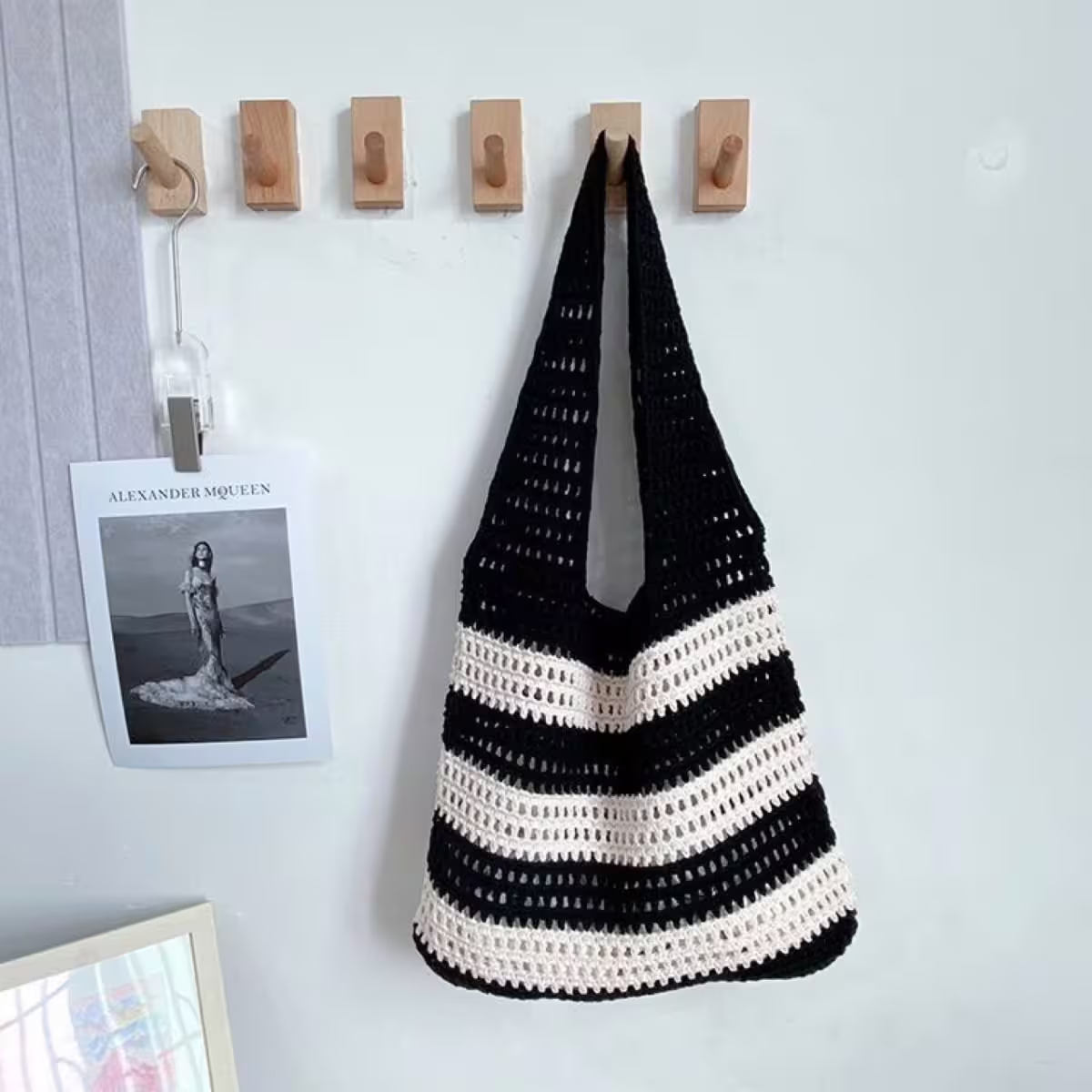 條紋拼接鏤空針織×肩背包×黑色-第1張