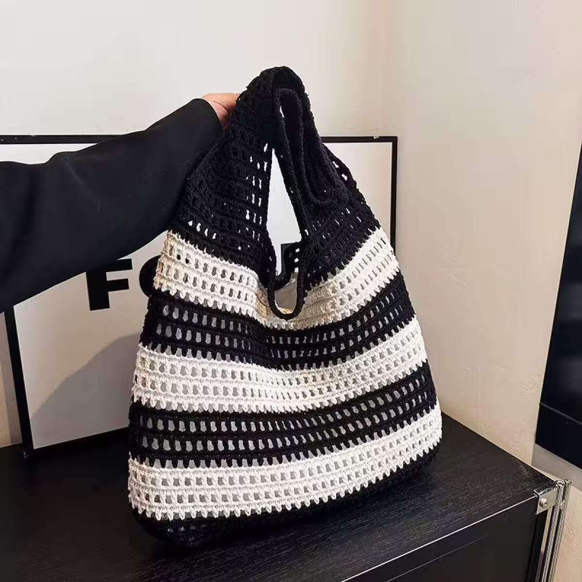 條紋拼接鏤空針織×肩背包×黑色-第2張