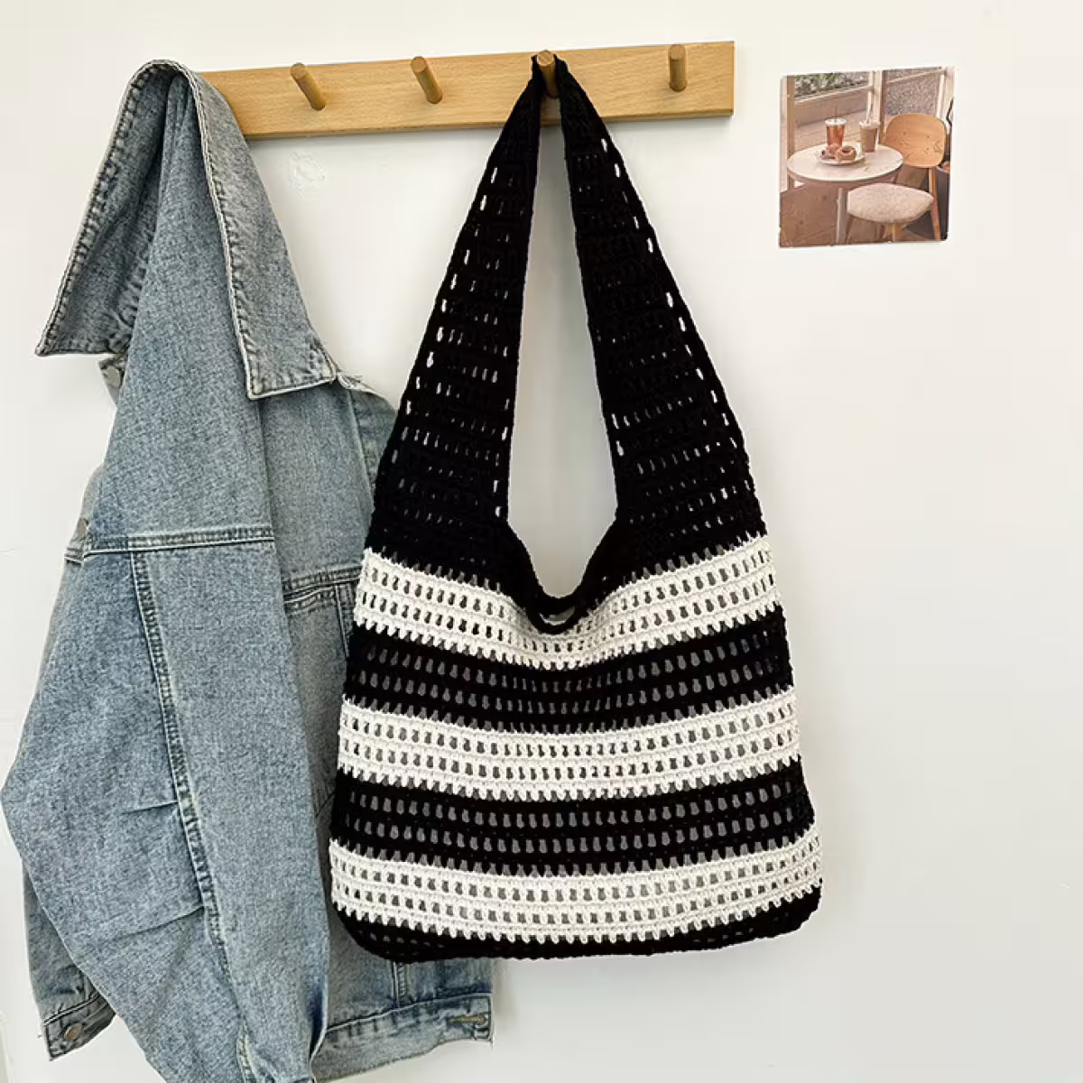 條紋拼接鏤空針織×肩背包×黑色-第3張