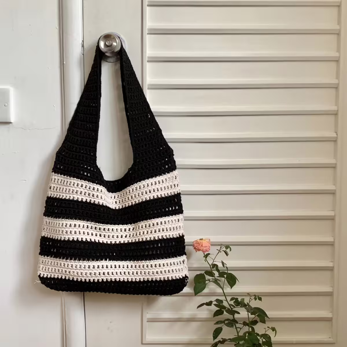 條紋拼接鏤空針織×肩背包×黑色-第4張