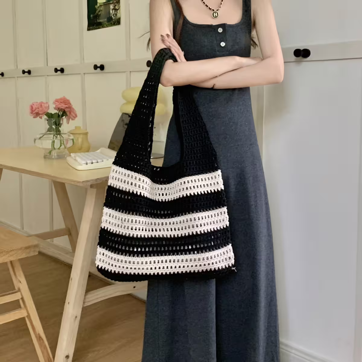 條紋拼接鏤空針織×肩背包×黑色-第5張